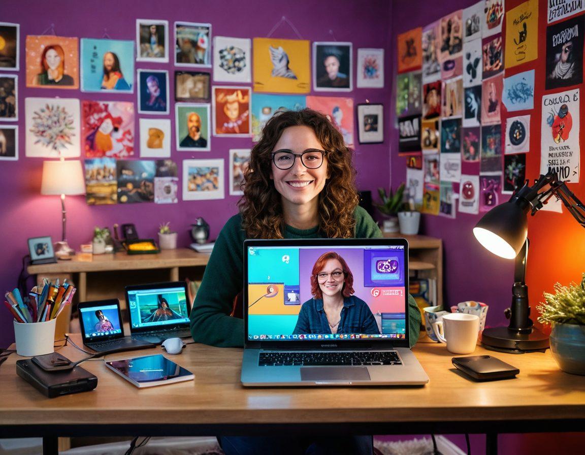A cozy home office setup featuring a laptop open with a live streaming interface, colorful lighting accents in the background, and a whimsical wall filled with vlogging equipment like cameras and microphones. A character resembling Jess, cheerful and engaging, is interacting with the audience through the webcam, surrounded by inspirational posters about creativity and digital storytelling. vibrant colors. modern digital art.