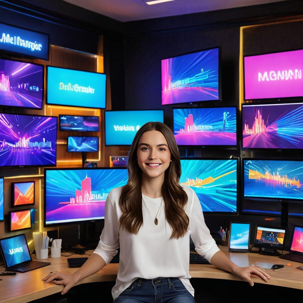 A dynamic scene showcasing Jess in a stylish, modern streaming setup, surrounded by vibrant LED lights and multiple screens displaying colorful vlogs and professional streams. Include elements symbolizing growth and elevation, like upward arrows and digital graphs in the background. Portray enthusiasm and creativity in Jess's expression as she engages with her audience. The overall atmosphere should feel energetic and inspiring. super-realistic. vibrant colors. digital art.